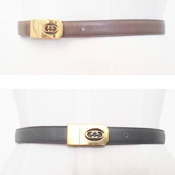 Gucci Vintage  SKINNY 2-Tone Brown Gray Leather Belt Gold GG Buckle REVERSABLE main image 10